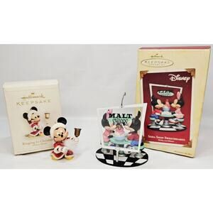 Hallmark Disney Mickey Soda Shop Sweethearts & Ringing In Christmas Ornaments